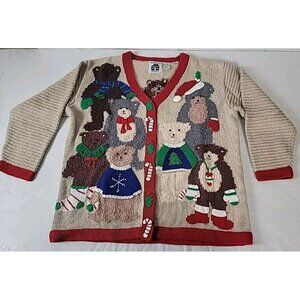 Storybook Knits Cardigan Sweater Women1X  Beige Bear ChristmasTree Hidden Button